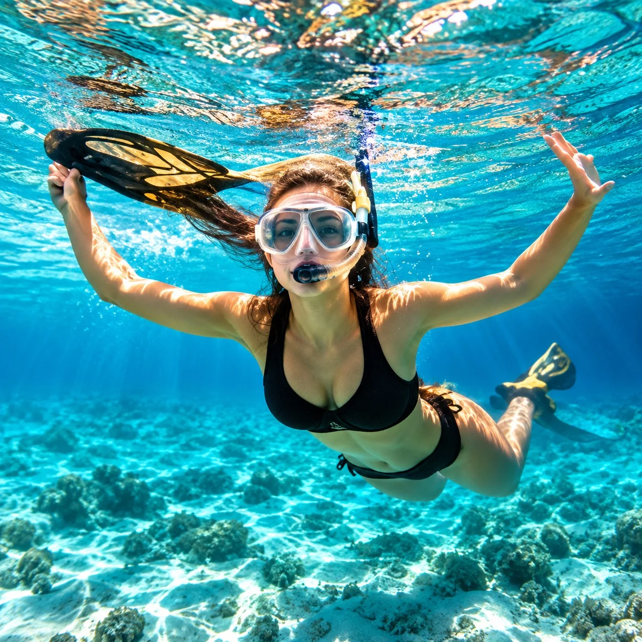 Woman snorkeling underwater in clear blue water