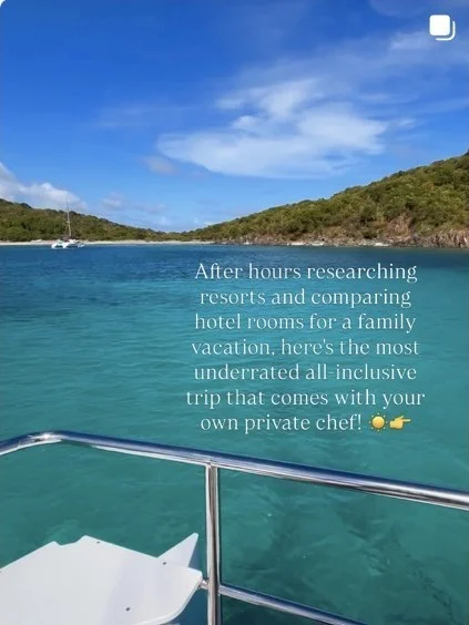 Instagram reel about an all-inclusive yacht trip with a private chef